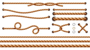 Set of isolated straight ropes and tied strings clipart