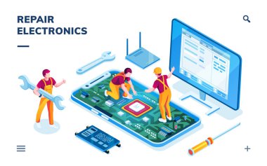 Elektronik onarım hizmeti için isometrik sayfa