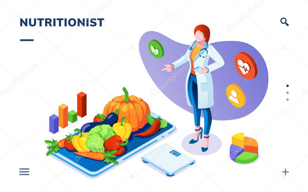 Nutritionist with vegetables on plate and scales.