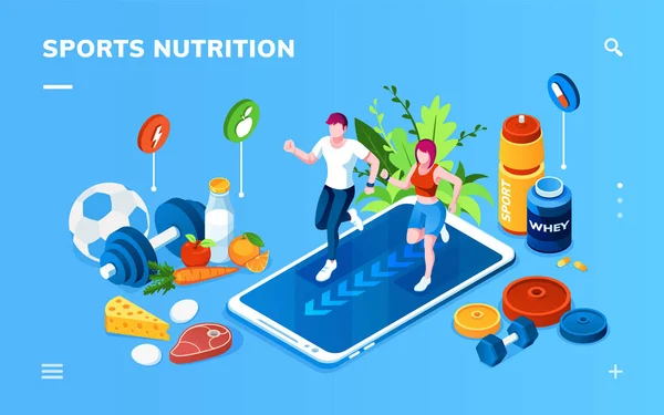 Écran isométrique pour le sport, application de nutrition saine — Image vectorielle