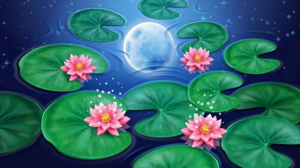 Air dengan bunga teratai dan refleksi bulan - Stok Vektor