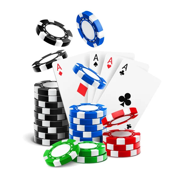 Άσους που βρίσκονται κοντά σε ρεαλιστική καζίνο μάρκες, κάρτες — Διανυσματικό Αρχείο
