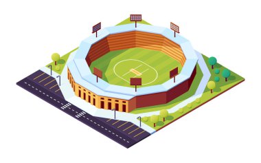 Isometric cricket stadium with grass field.