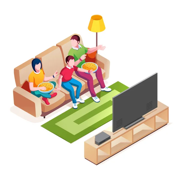 Família no sofá assistir televisão ou programa de tv, filme — Vetor de Stock