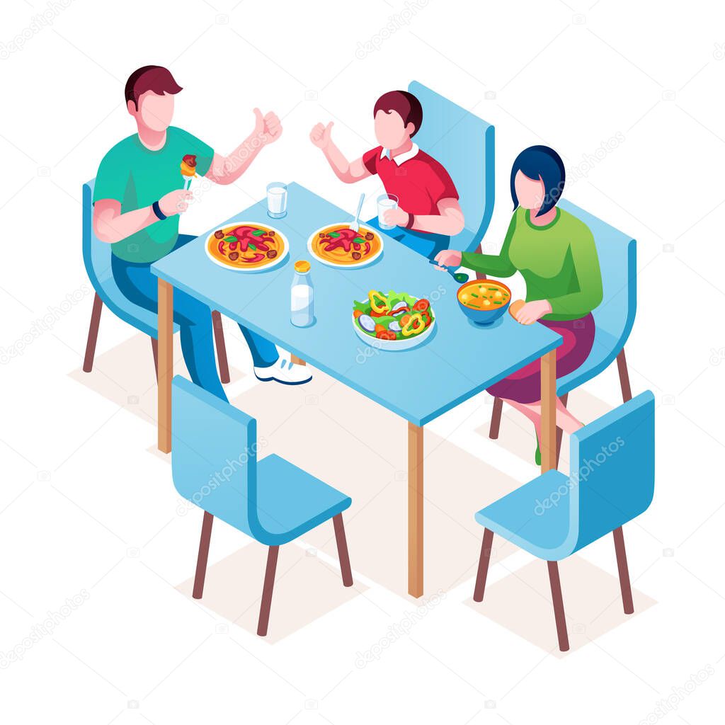 Family enjoying meal or dinner, lunch at table