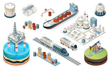 Set of isolated oil, gas industry isometric icons clipart