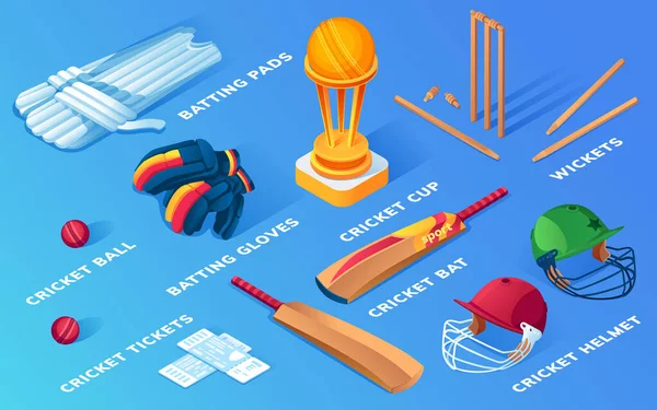 Ensemble d'articles isolés de cricket ou d'équipement de sport de balle — Image vectorielle