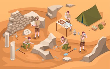Archeology isometric sign or archeologist at work clipart
