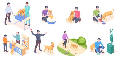 Evcil köpek bakımı, günlük sahibi, hayvan yaşamı, izometrik