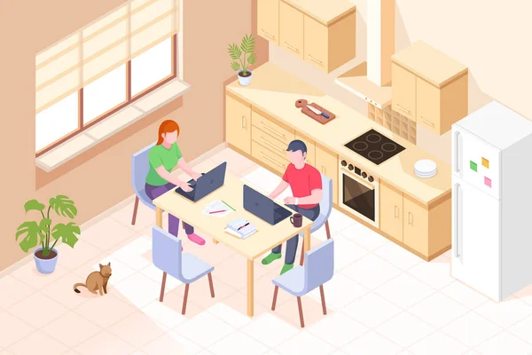 Online work couple work at home kitchen, isometric — Stock Vector