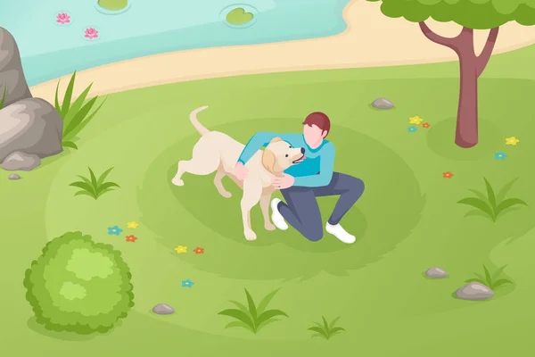 Собака животное и владелец прогулки и игры в парке — стоковый вектор