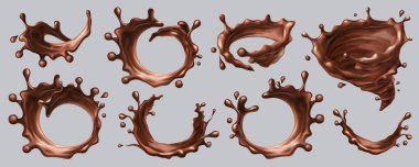 Chocolate splashes, realistic liquid drops, swirls clipart