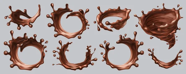 Éclaboussures de chocolat, gouttes liquides réalistes, tourbillons — Image vectorielle