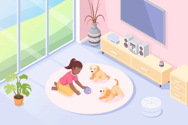 Σκύλος κουτάβια συντροφιάς, κορίτσι παίζει στο σπίτι, ισομετρική — Διανυσματικό Αρχείο
