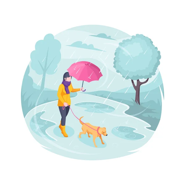 Животное, гуляющее под дождем, женщина и собака, изометрический — стоковый вектор