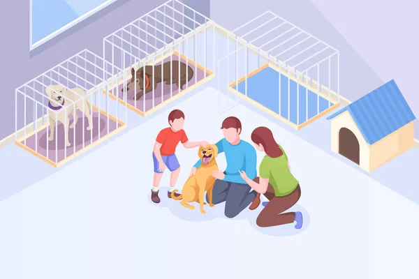 ペットの養子、家族は動物保護施設で犬と遊ぶ — ストックベクタ
