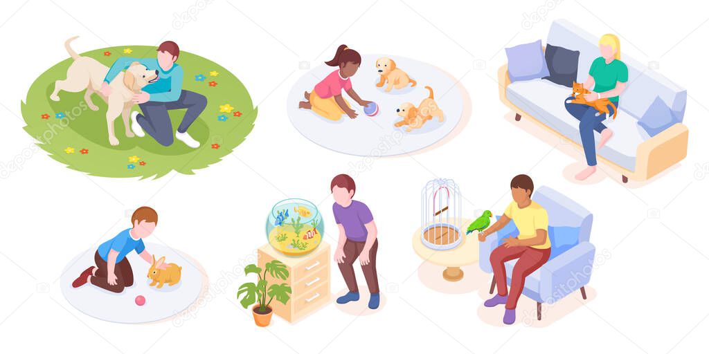 Pets and owners play or care daily life, isometric