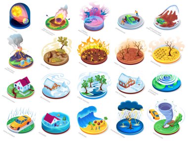 Natural disasters, isometric icons set, insurance clipart