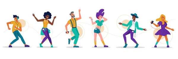 La gente baila, bailarines de fiestas de música en auriculares — Archivo Imágenes Vectoriales