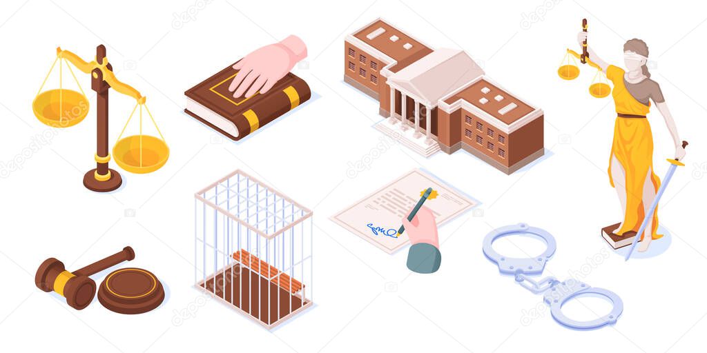 Justice and law, legal court isometric icons set