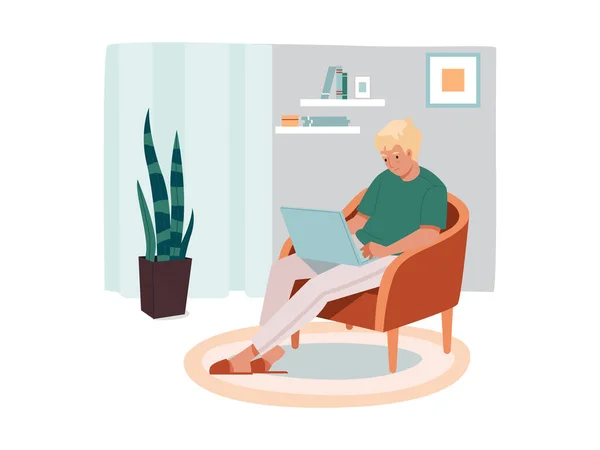 Hombre freelancer sentado en la silla con portátil — Vector de stock