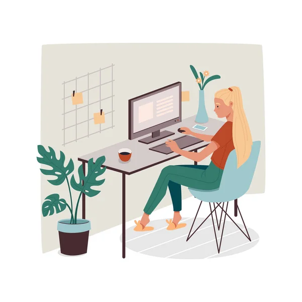 Mujer en la oficina o en casa trabajando con computadora — Vector de stock