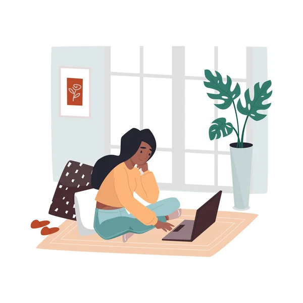ノートブックの近くの床に座っている家庭の働く女性 — ストックベクタ