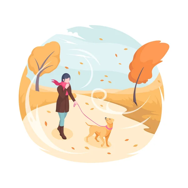 Животные гуляют на осеннем ветру, девочка и собака изометрические — стоковый вектор