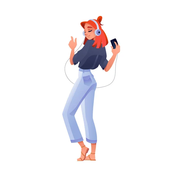 Κορίτσι ακούγοντας μουσική στο smartphone σε ακουστικά — Διανυσματικό Αρχείο