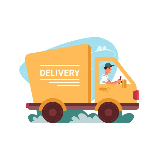 Entrega camión mensajero, entrega de coches, dibujos animados planos — Vector de stock