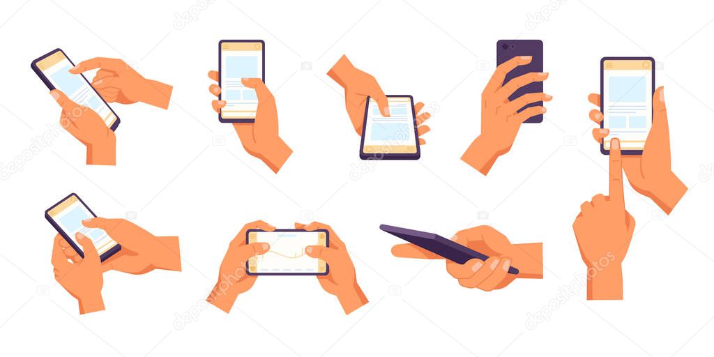 Hand holding smartphone. Vector gestures use