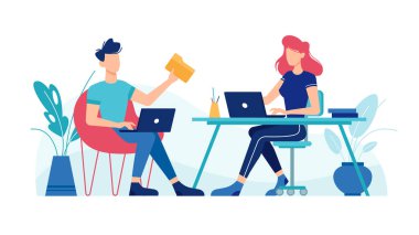 Kadın ve erkek dizüstü bilgisayarlarla çalışıyor.