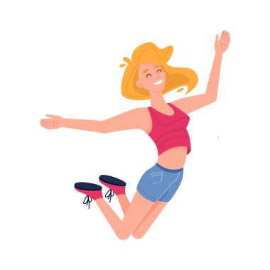 Gülümseyerek ve mutlulukla zıplayan kız, eller yukarı.