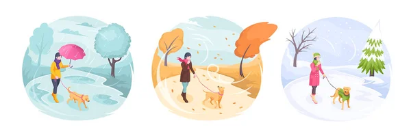 Animaux marchant par mauvais temps, femme fille et chien — Image vectorielle