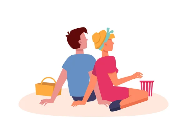 Casal sentar-se em piquenique namoro, assistindo, a partir de volta — Vetor de Stock