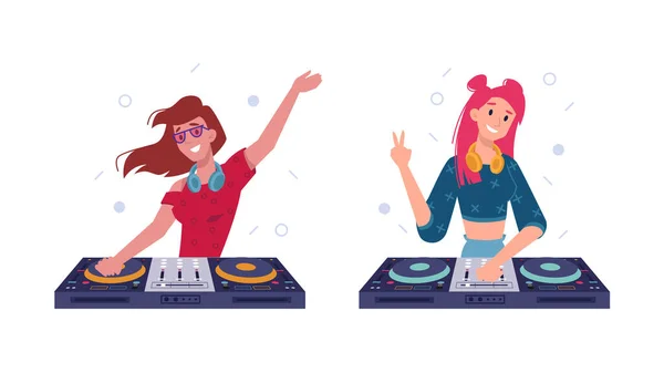 DJ flickor spelar musik i hörlurar, snurra skivspelare — Stock vektor