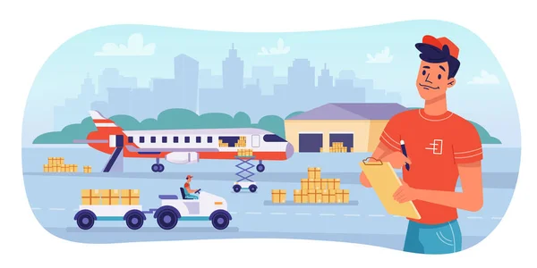 Logistique de livraison par avion, expédition de colis — Image vectorielle