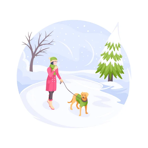 Животное ходьба в зимний снег холодно, женщина и собака — стоковый вектор
