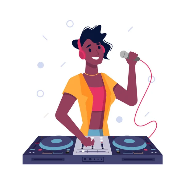 DJ meisje zwart Afro Amerikaans spreken in microfoon — Stockvector