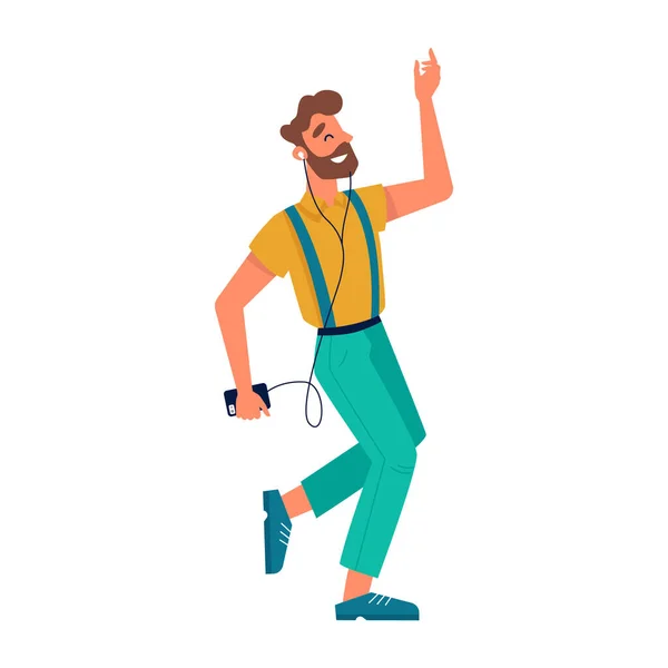 Chico bailando con smartphone, escuchando música — Vector de stock