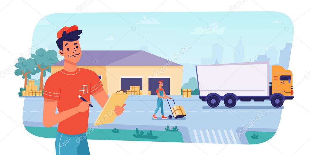 Delivery logistics, warehouse parcels load, unload