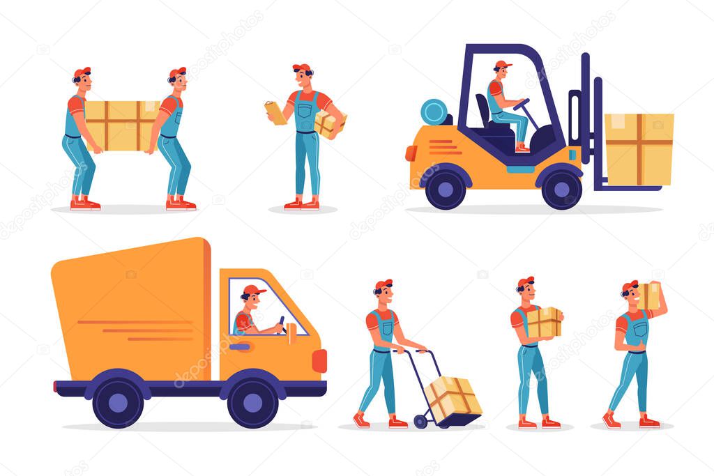 Warehouse workers, parcels boxes delivery shipping