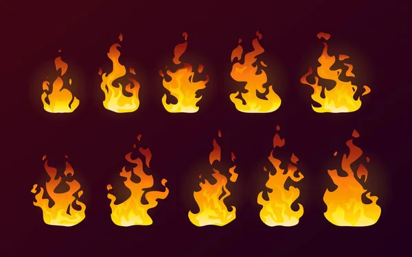 Llamas de fuego ardiendo, conjunto plano de dibujos animados aislados — Vector de stock