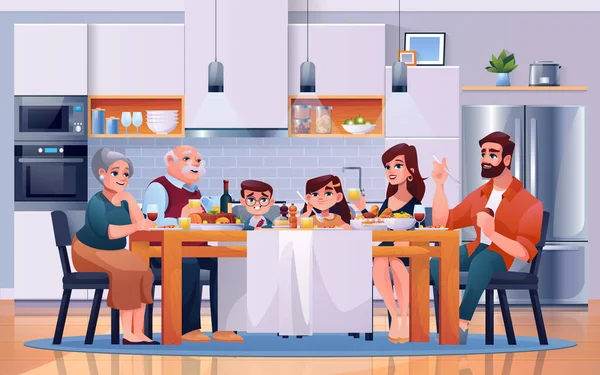 Cena familiar en la mesa de la cocina, comer juntos — Vector de stock