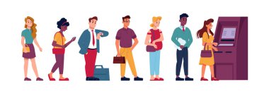 ATM kuyruğunda insanlar bekliyor, para çekiyorlar.