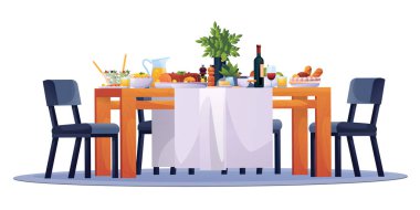 Masa hazır, şenlikli yemek yemekleri ve sandalyeler.