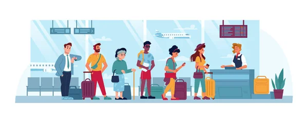 Warteschlange am Flughafen, Schalter, Menschen mit Tickets — Stockvektor