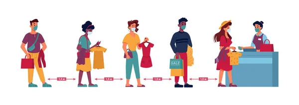 Очередь в магазин одежды, люди социальной дистанции — стоковый вектор
