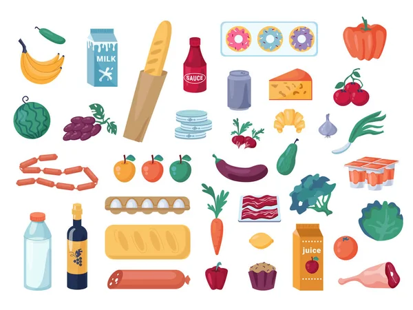 Diferentes alimentos de comestibles, productos de bebidas iconos conjunto — Vector de stock