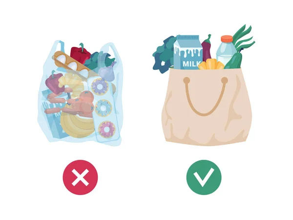 Bolsa de plástico vs bolsa textil, contaminación y ecología — Vector de stock